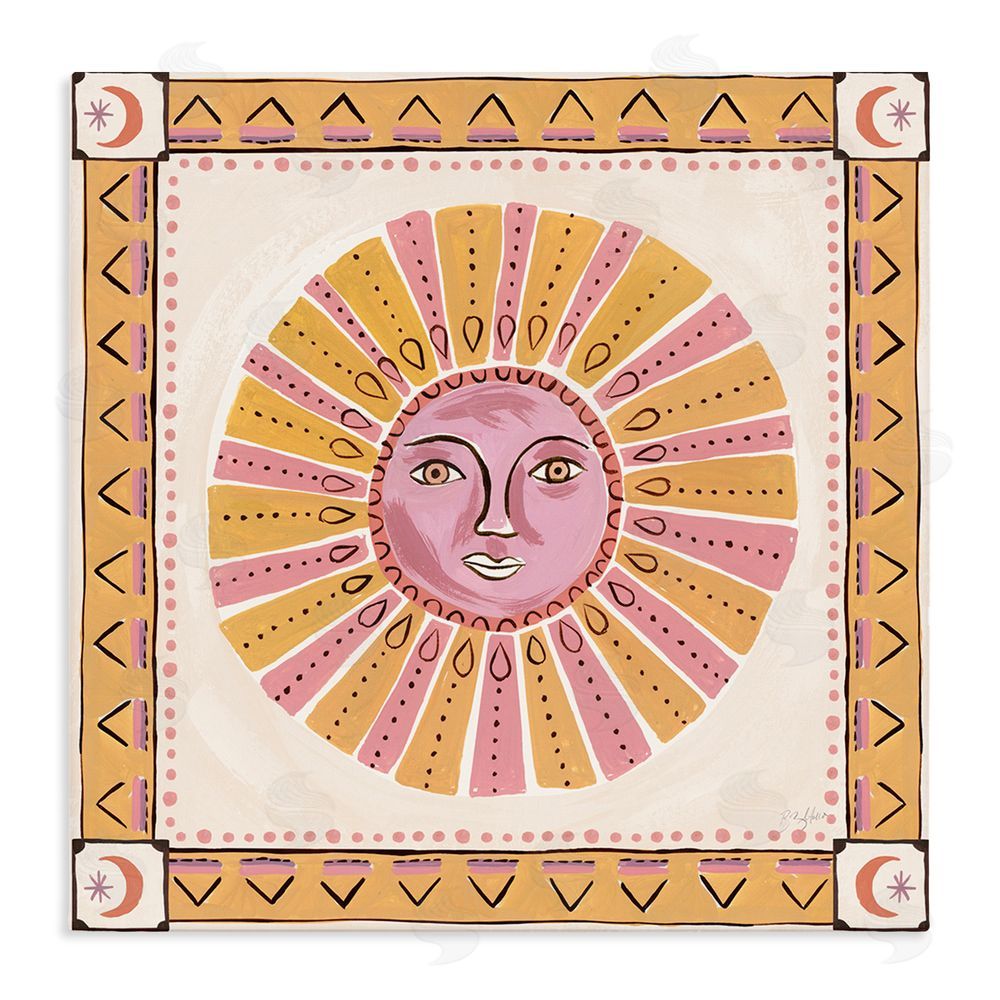 Two If By Sea Studios Pink Sun Face with Geometric Border Stretched Canvas Wall Art