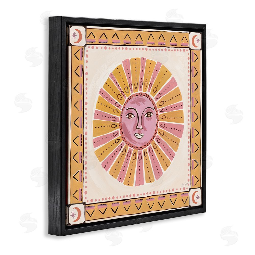 Two If By Sea Studios Pink Sun Face with Geometric Border Black Floating Framed Canvas Wall Art