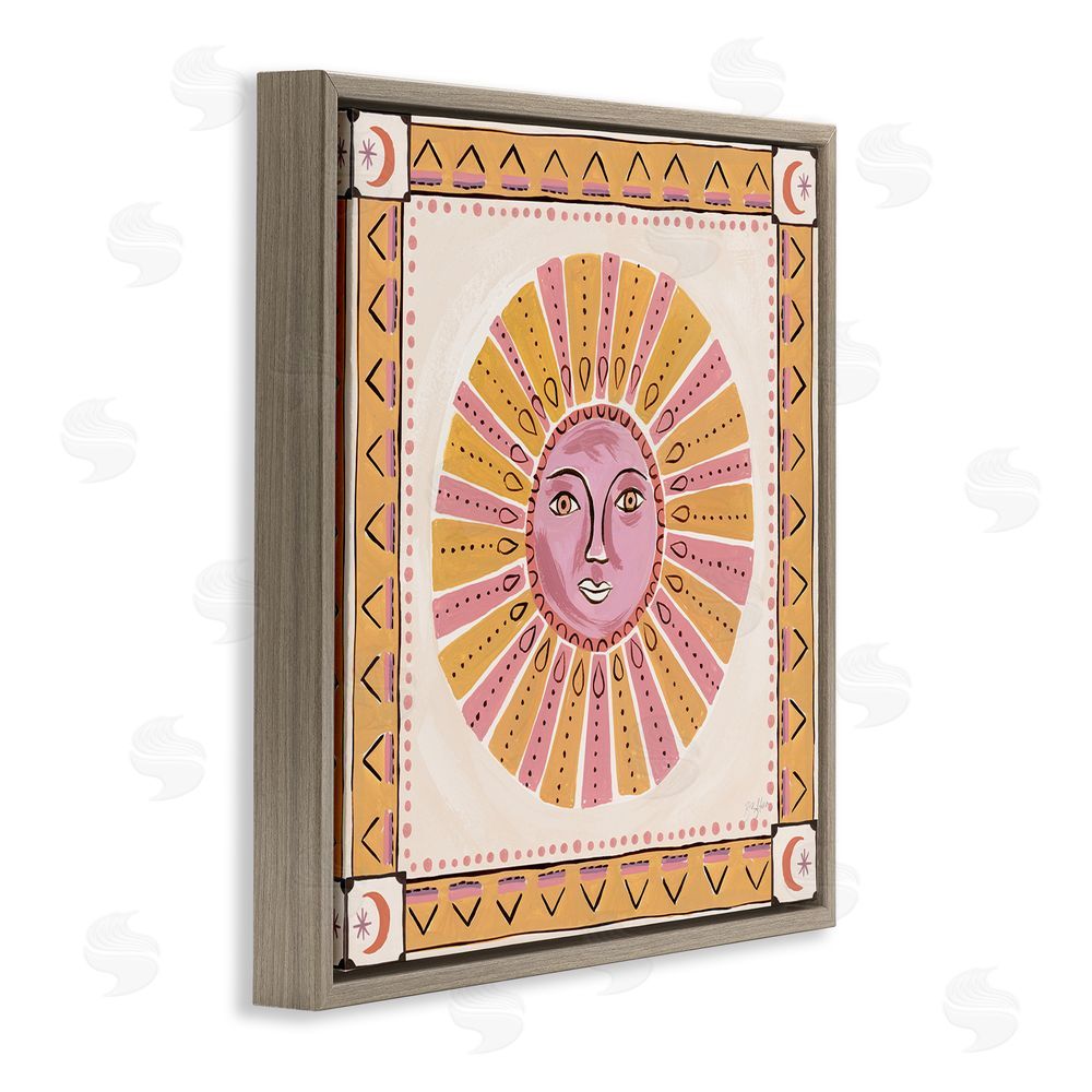 Two If By Sea Studios Pink Sun Face with Geometric Border Brown Floating Framed Canvas Wall Art