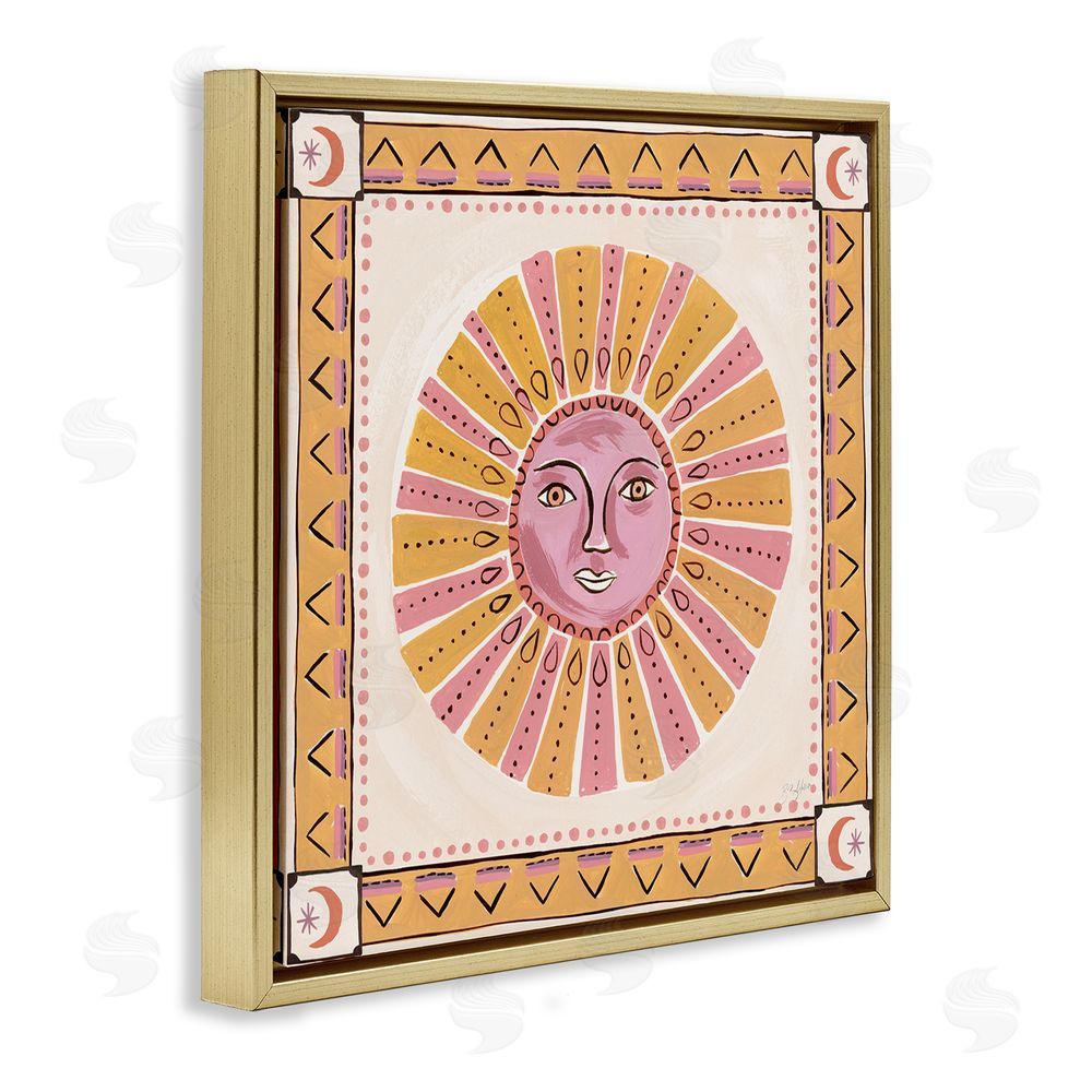 Two If By Sea Studios Pink Sun Face with Geometric Border Gold Floating Framed Canvas Wall Art