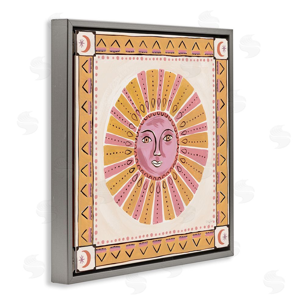 Two If By Sea Studios Pink Sun Face with Geometric Border Gray Floating Framed Canvas Wall Art