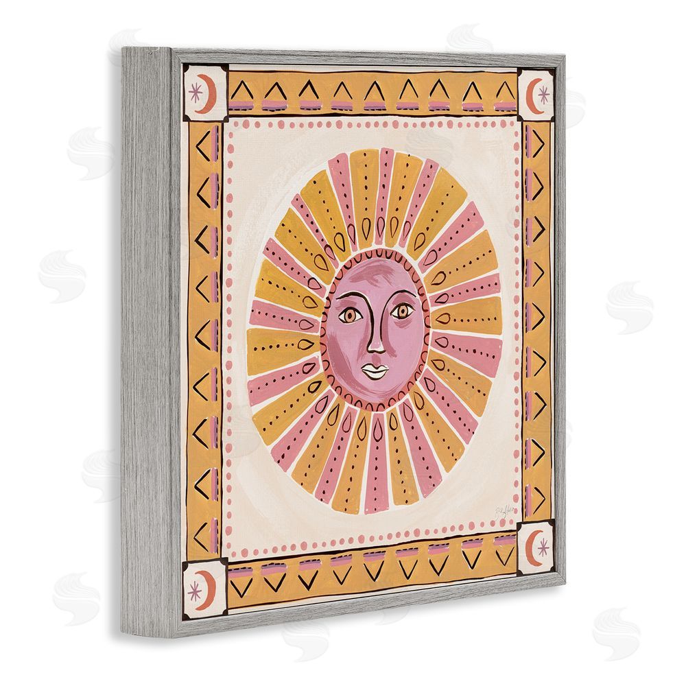 Two If By Sea Studios Pink Sun Face with Geometric Border Gray Framed Giclee Wall Art
