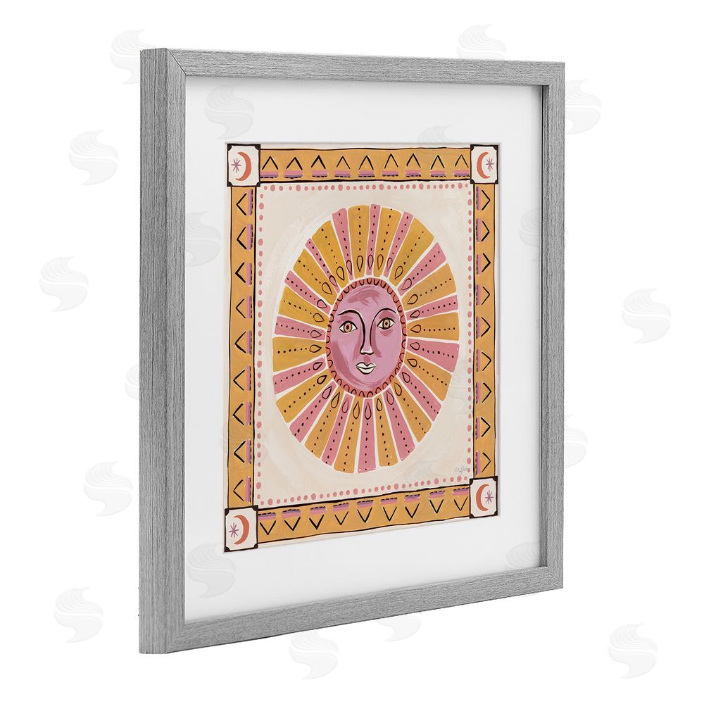 Two If By Sea Studios Pink Sun Face with Geometric Border Gray Framed Print Under Glass Wall Art