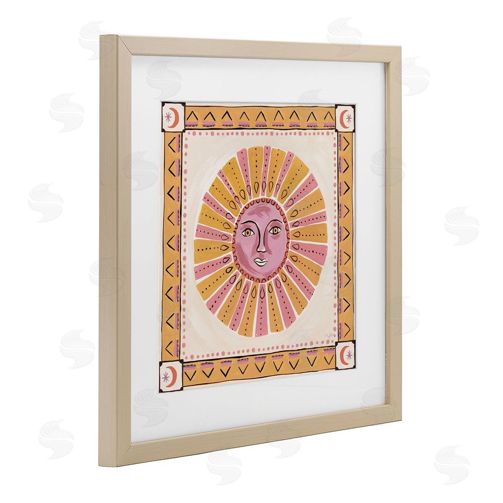 Two If By Sea Studios Pink Sun Face with Geometric Border Brown Framed Print Under Glass Wall Art