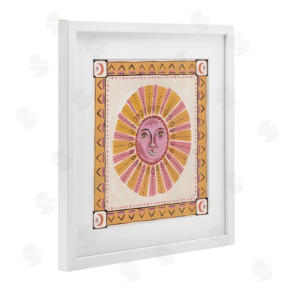 Two If By Sea Studios Pink Sun Face with Geometric Border White Framed Print Under Glass Wall Art