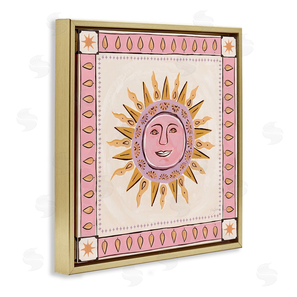 Two If By Sea Studios Smiling Sun with Pink Border Gold Floating Framed Canvas Wall Art Print