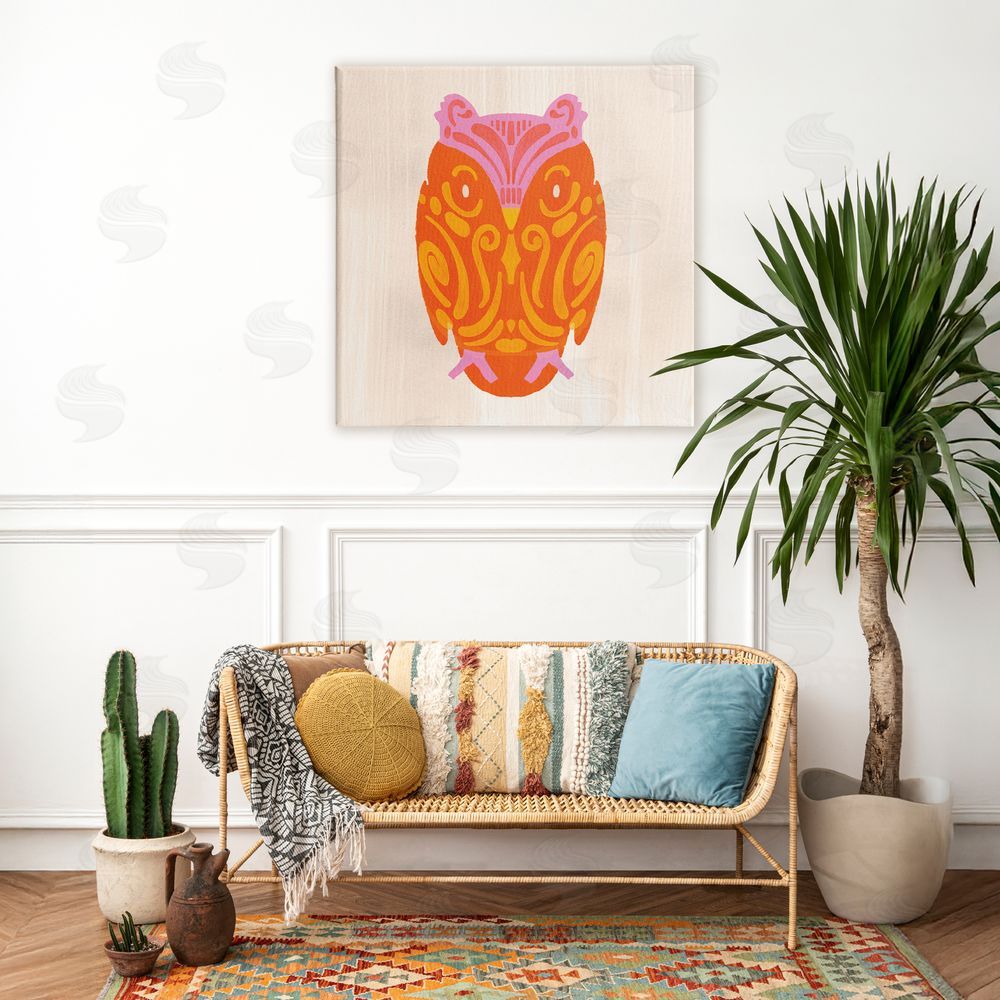 The Paper Curator Vibrant Folk Owl Motif Stretched Canvas on Wall