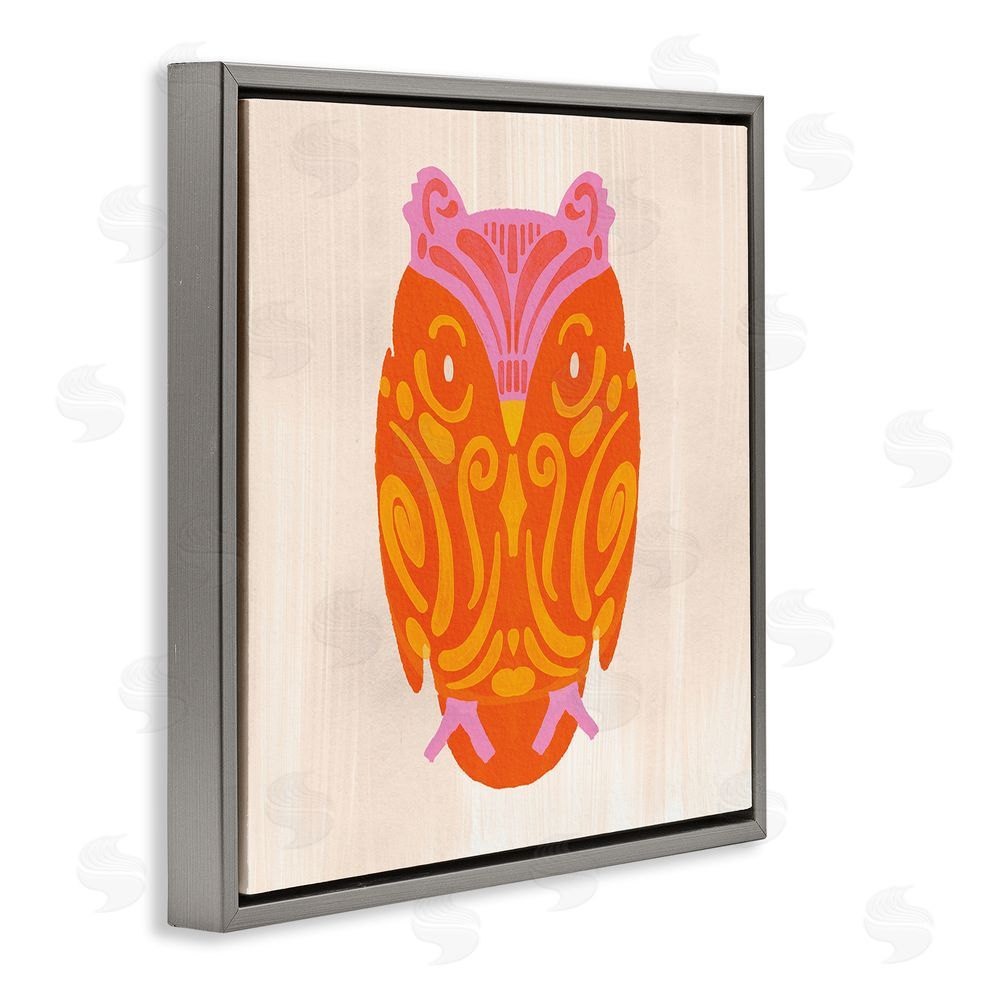 The Paper Curator Vibrant Folk Owl Motif Gray Floating Framed Canvas Wall Art Print