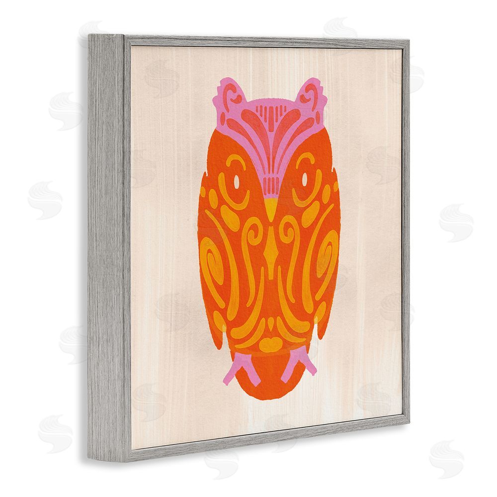 The Paper Curator Vibrant Folk Owl Motif Gray Framed Giclee Wall Art Print