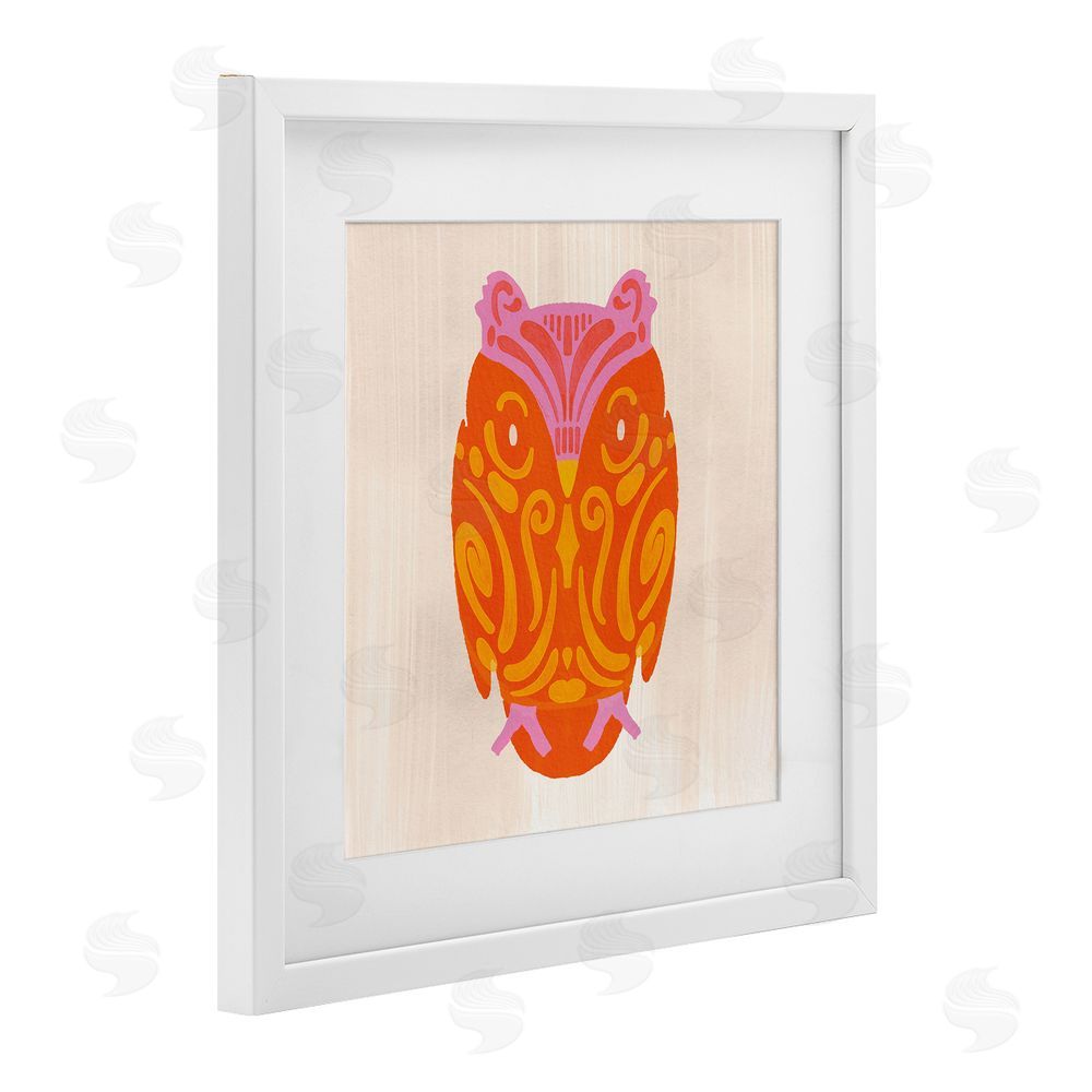 The Paper Curator Vibrant Folk Owl Motif White Framed Print Under Glass with White Mat Wall Art