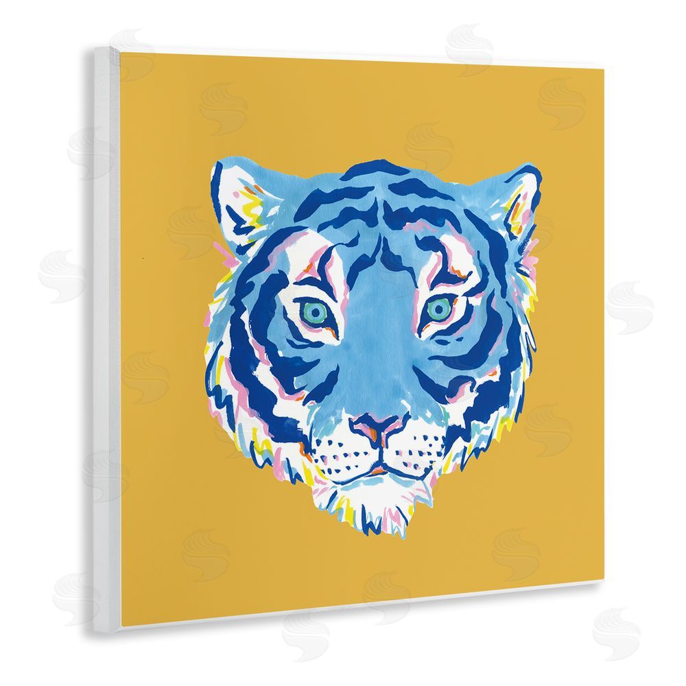 Karolina Sato Blue Tiger over Yellow Wall Plaque Art Print with White Foil Wrap