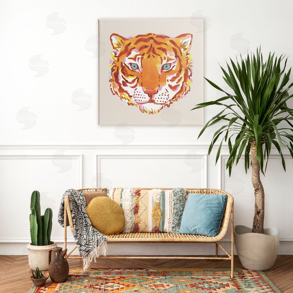 Karolina Sato Orange Boho Tiger Face Stretched Canvas Wall Art in Room