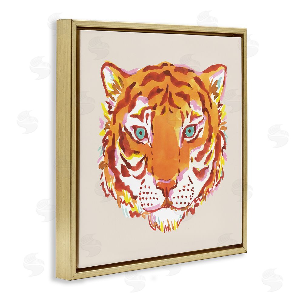 Karolina Sato Orange Boho Tiger Face Gold Floating Framed Canvas Wall Art