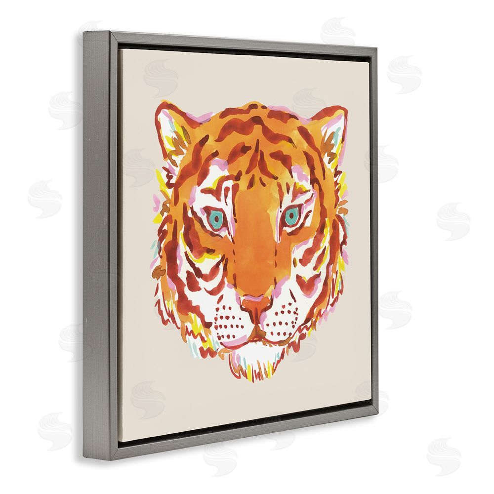 Karolina Sato Orange Boho Tiger Face Gray Floating Framed Canvas Wall Art