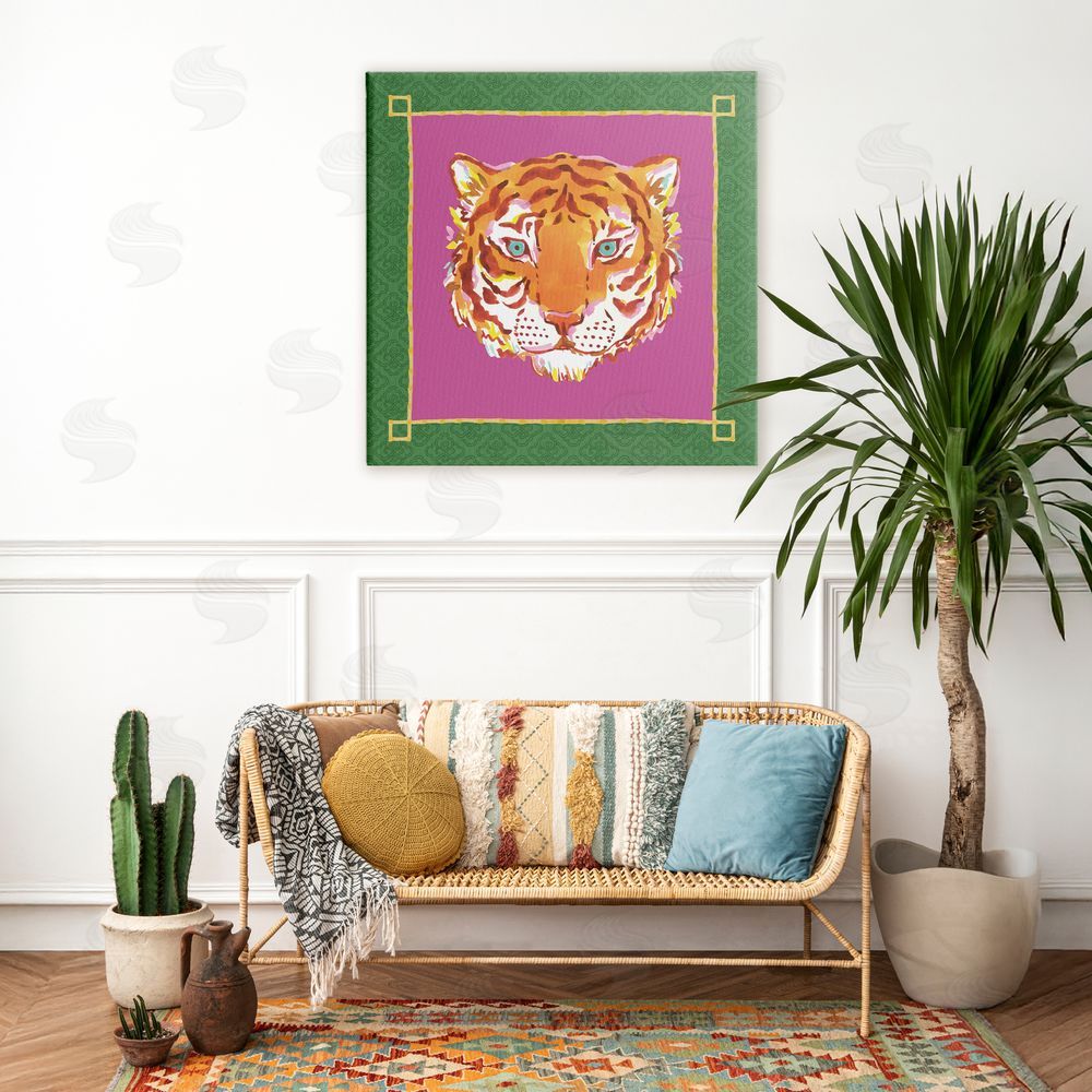 Karolina Sato Bordered Exotic Tiger Portrait Stretched Canvas Wall Art Print in Room