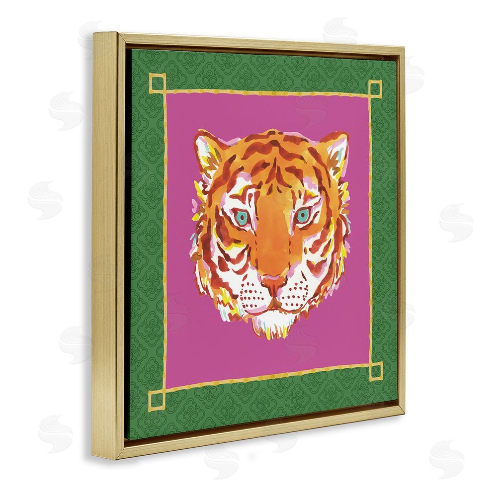 Karolina Sato Bordered Exotic Tiger Portrait Gold Floating Frame Stretched Canvas Wall Art Print