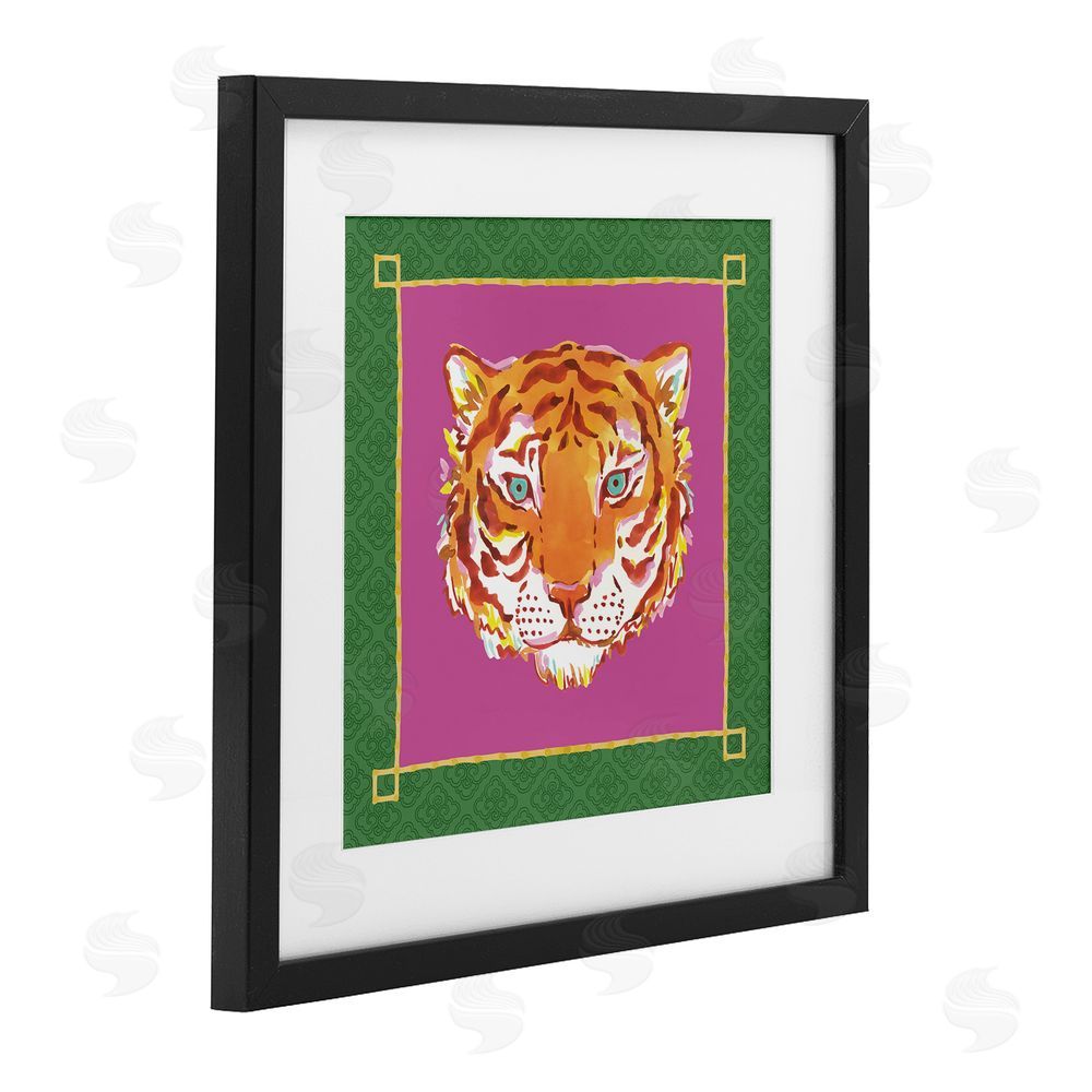 Karolina Sato Bordered Exotic Tiger Portrait Black Framed Print Under Glass with Matting Wall Art