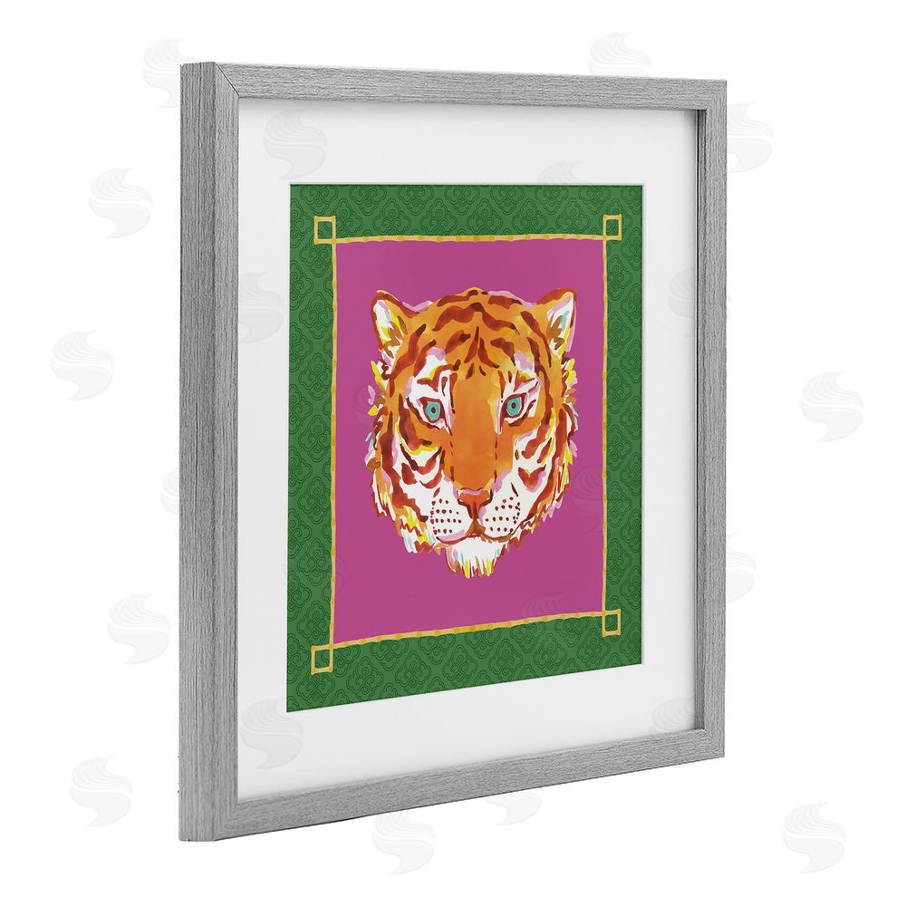 Karolina Sato Bordered Exotic Tiger Portrait Gray Framed Print Under Glass with Matting Wall Art