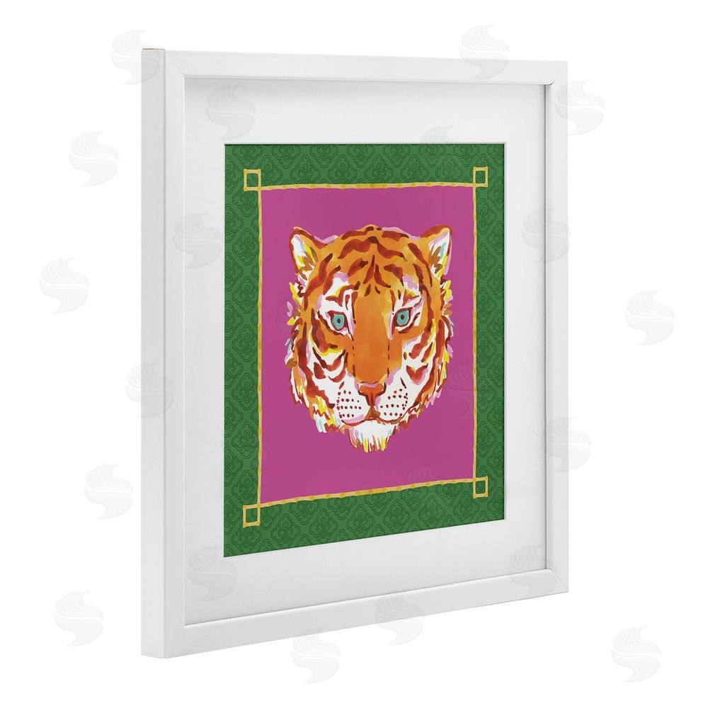 Karolina Sato Bordered Exotic Tiger Portrait White Framed Print Under Glass with Matting Wall Art