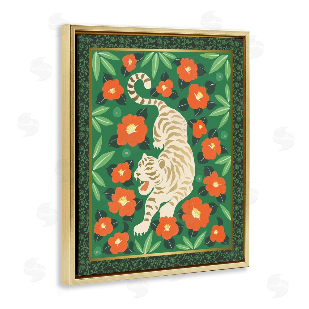 Karolina Sato Eclectic Tiger & Hibiscus Gold Floating Frame Canvas Wall Art Print