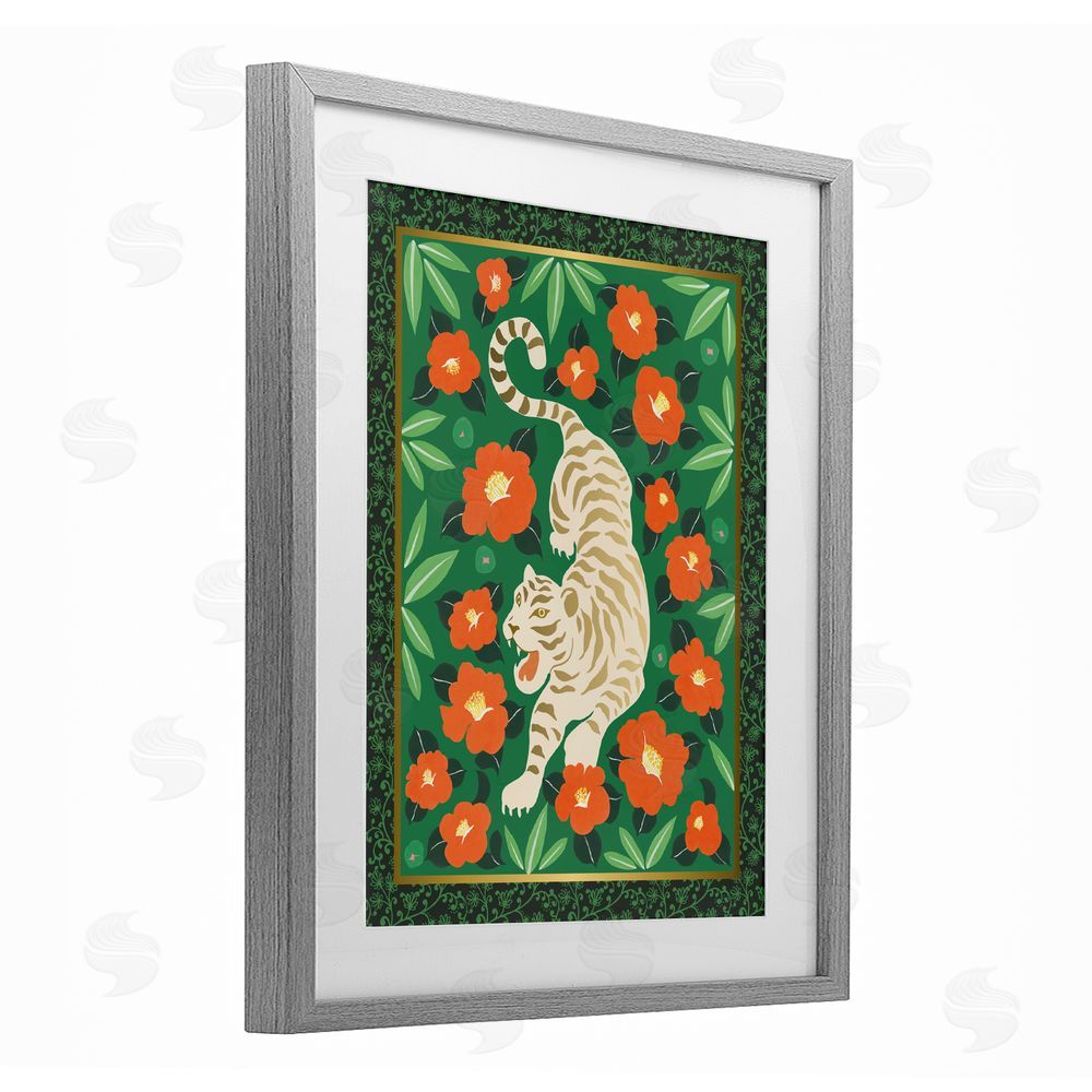 Karolina Sato Eclectic Tiger & Hibiscus Gray Framed Print Under Glass Wall Art
