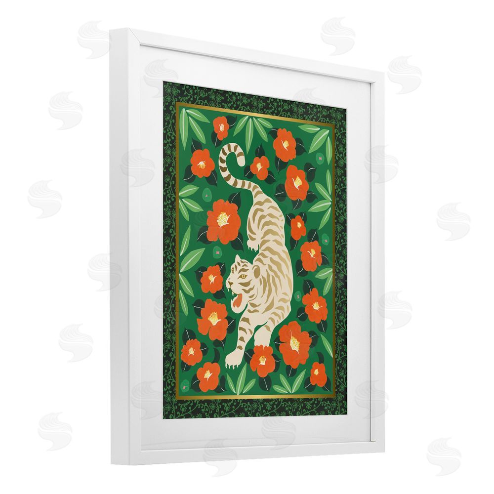 Karolina Sato Eclectic Tiger & Hibiscus White Framed Print Under Glass Wall Art