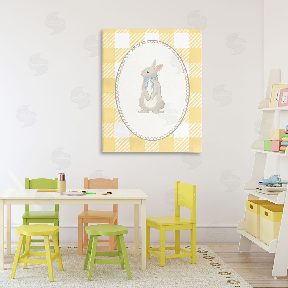 The Paper Curator Little Bunny on Yellow Gingham Stretched Canvas Wall Art in Room