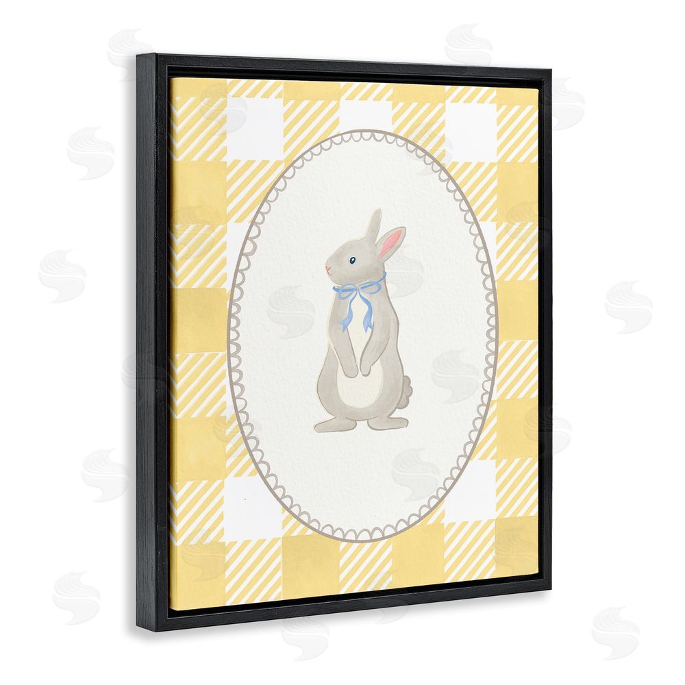 The Paper Curator Little Bunny on Yellow Gingham Black Floating Frame Canvas Wall Art