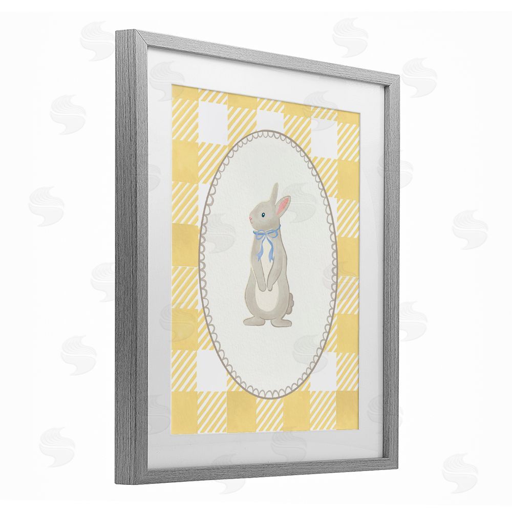 The Paper Curator Little Bunny on Yellow Gingham Gray Framed Print Under Glass with Mat Wall Art