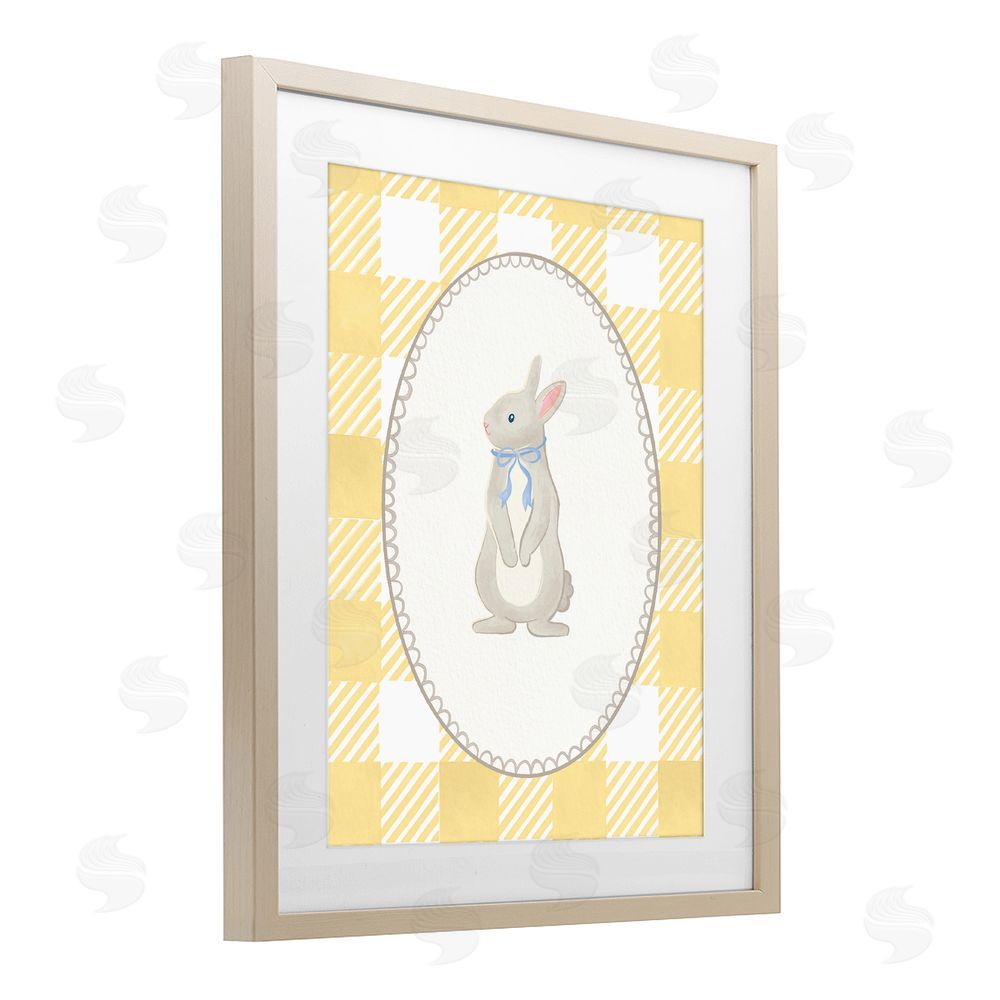 The Paper Curator Little Bunny on Yellow Gingham Brown Framed Print Under Glass with Mat Wall Art