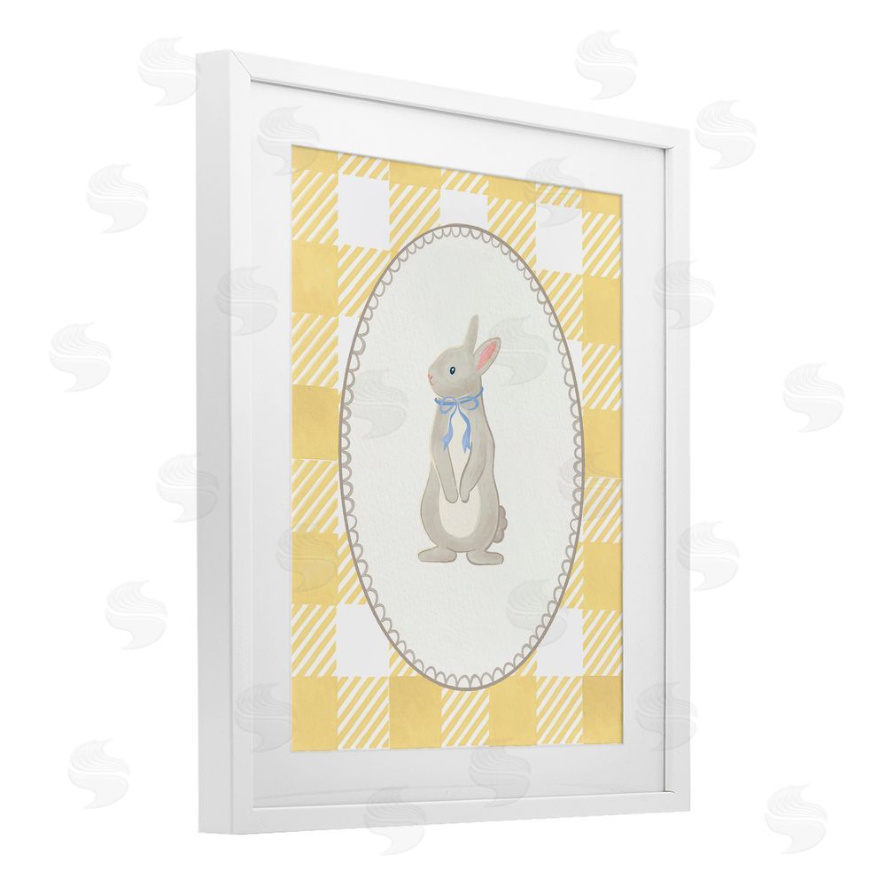The Paper Curator Little Bunny on Yellow Gingham White Framed Print Under Glass with Mat Wall Art