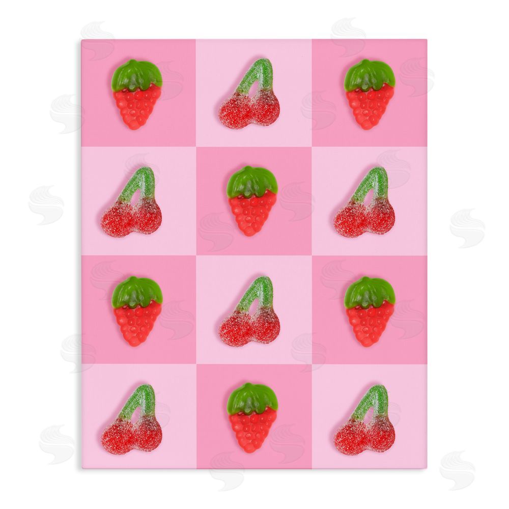 LISH Creative Gummy Strawberry and Cherry Checkerboard Stretched Canvas Wall Art