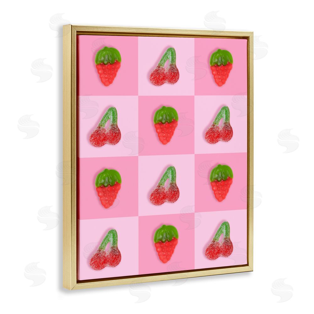 LISH Creative Gummy Strawberry and Cherry Checkerboard Gold Floating Framed Canvas Wall Art
