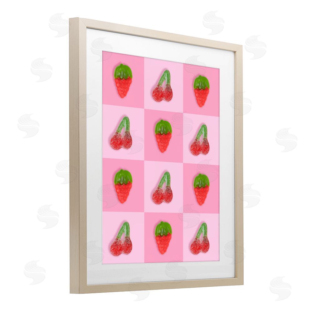 LISH Creative Gummy Strawberry and Cherry Checkerboard Brown Framed Print Under Glass Wall Art