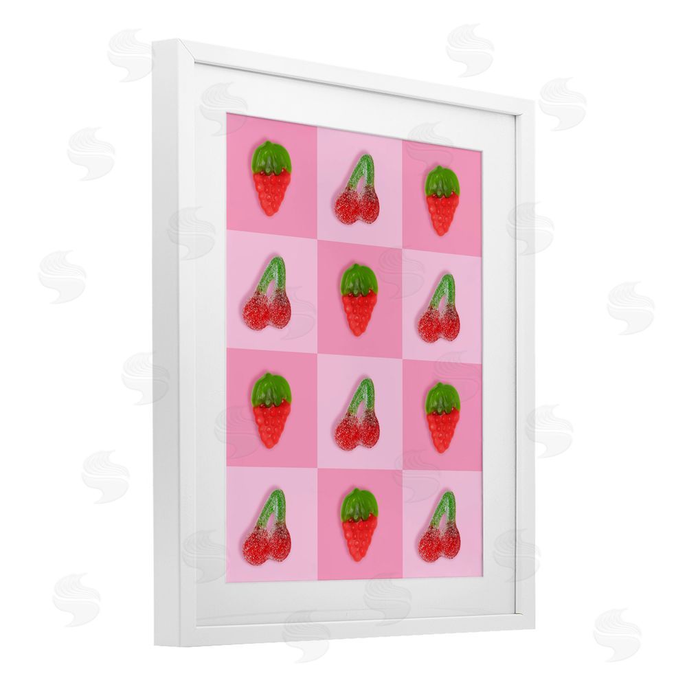 LISH Creative Gummy Strawberry and Cherry Checkerboard White Framed Print Under Glass Wall Art