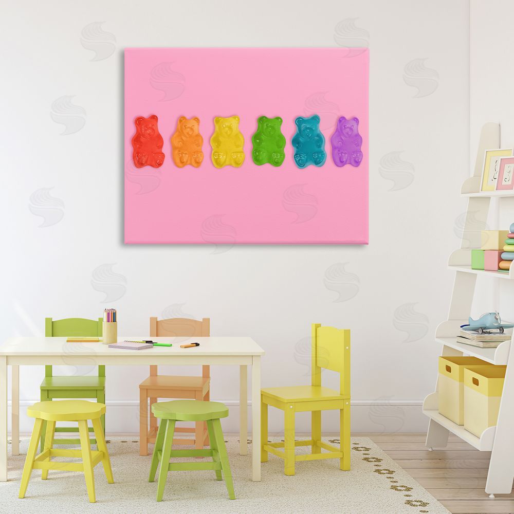 LISH Creative Rainbow Gummy Bears on Pink Stretched Canvas Wall Art in Room