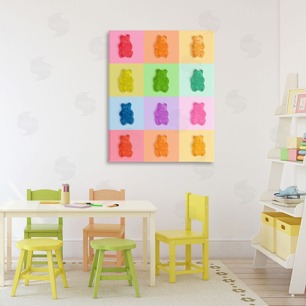 LISH Creative Rainbow Gummy Bear Candy Grid Stretched Canvas Wall Art in Room