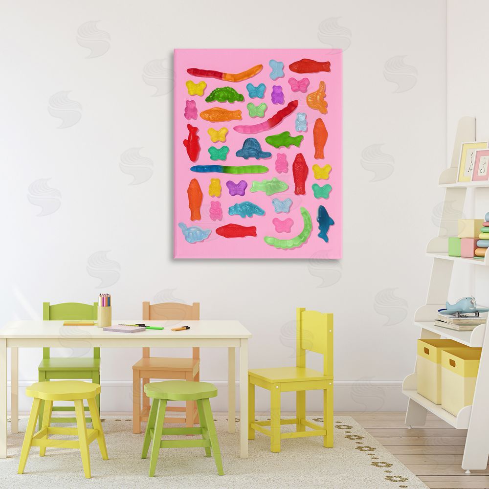 LISH Creative Pink Gummy Animal Collage Stretched Canvas Wall Art in Room