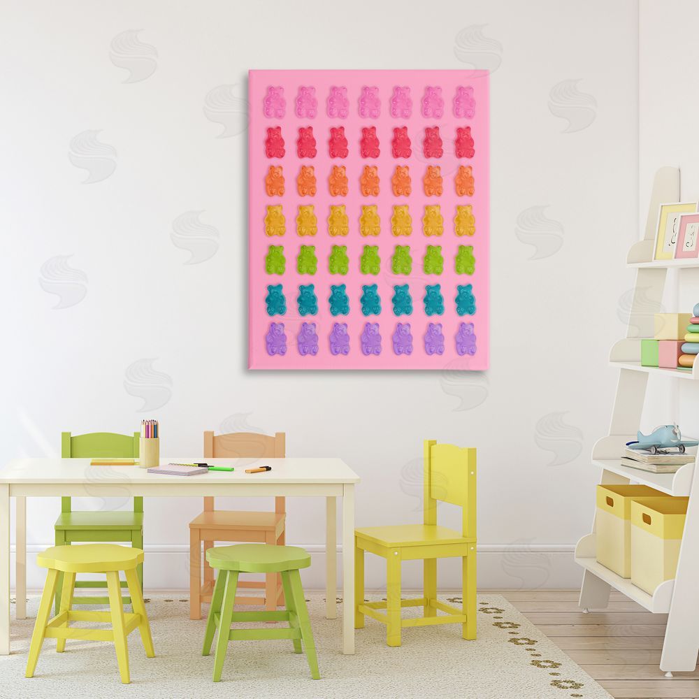 LISH Creative Rainbow Candy Bears on Pink Stretched Canvas Wall Art in Room