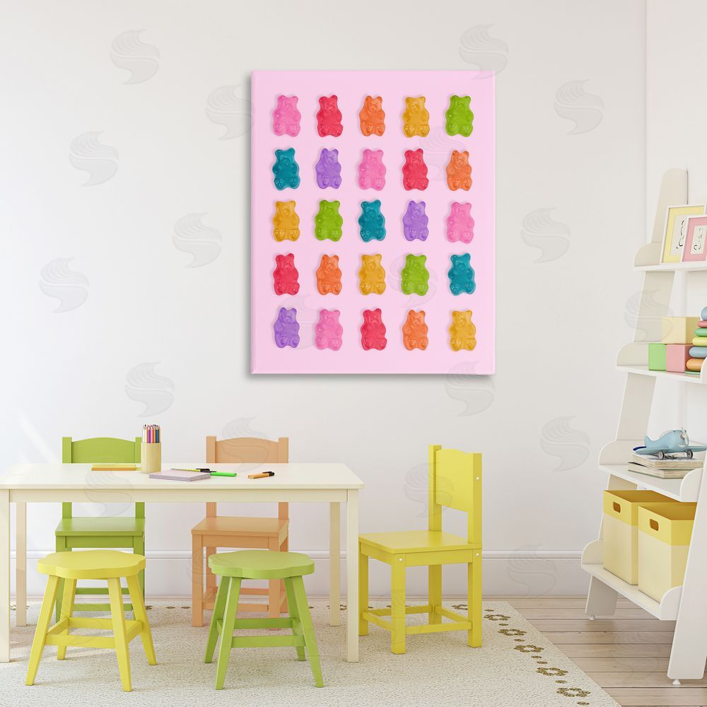 LISH Creative Pastel Gummies on Pink Stretched Canvas Wall Art in Room