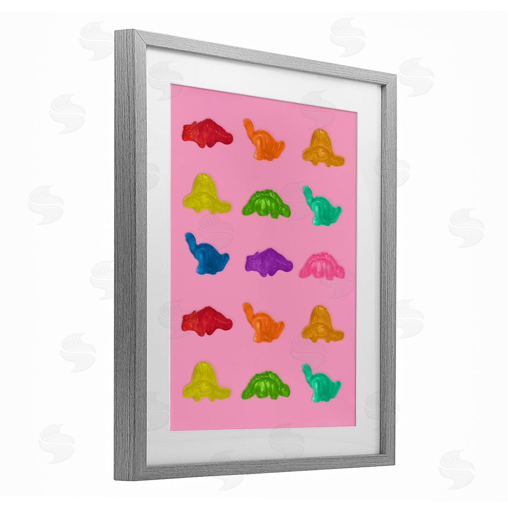 LISH Creative Dinosaur Candies on Pink Gray Framed Print Under Glass Wall Art
