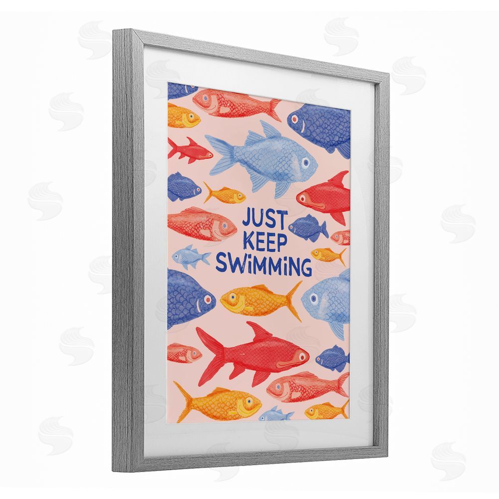 The Paper Curator Just Keep Swimming Fish Gray Framed Print Under Glass Wall Art