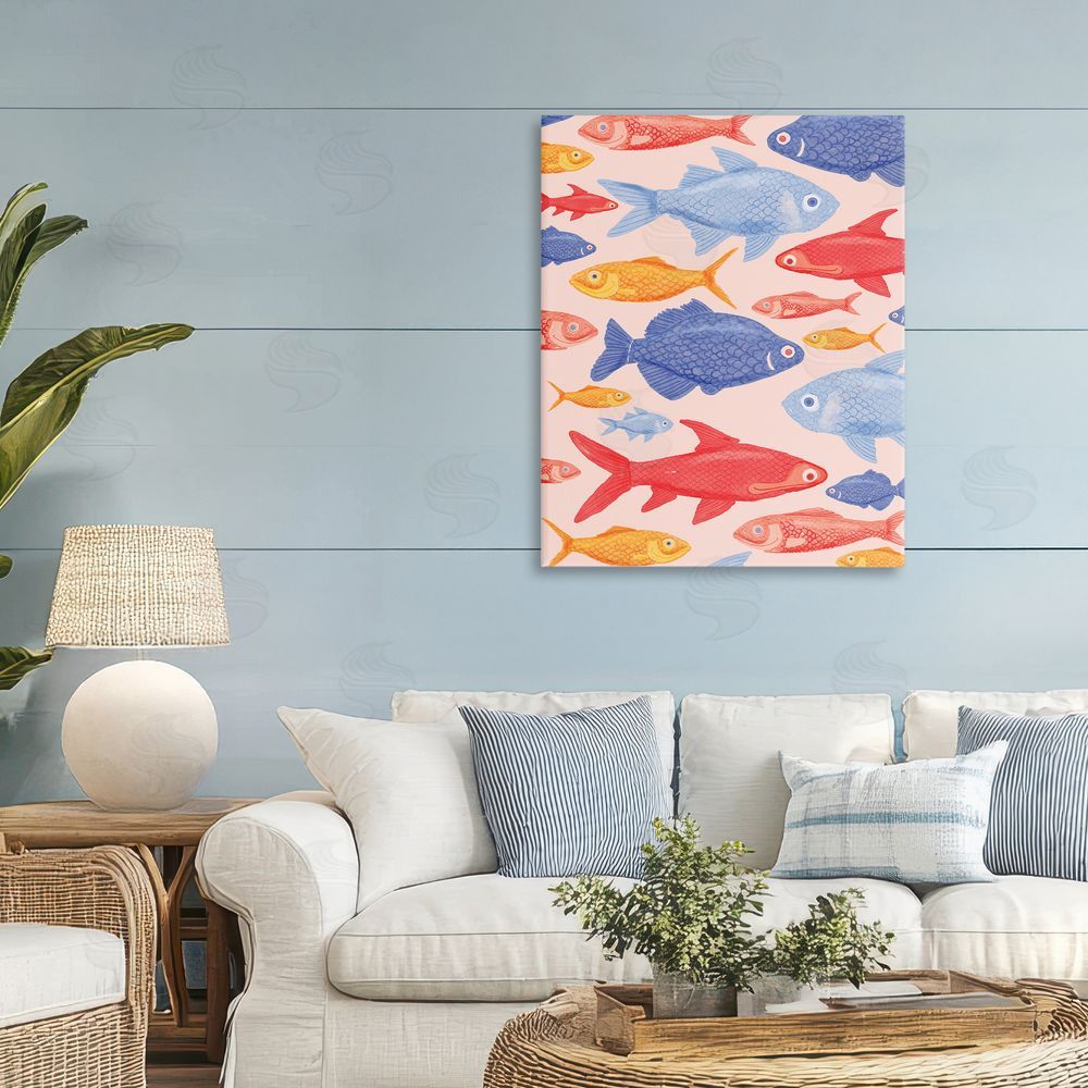 The Paper Curator Red Yellow and Blue Fish Stretched Canvas Wall Art in Room