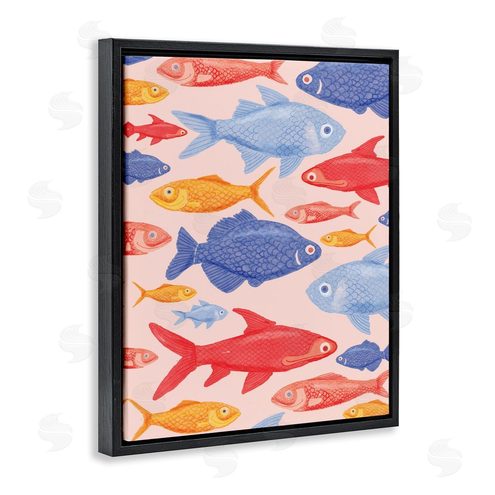 The Paper Curator Red Yellow and Blue Fish Black Floating Framed Canvas Wall Art