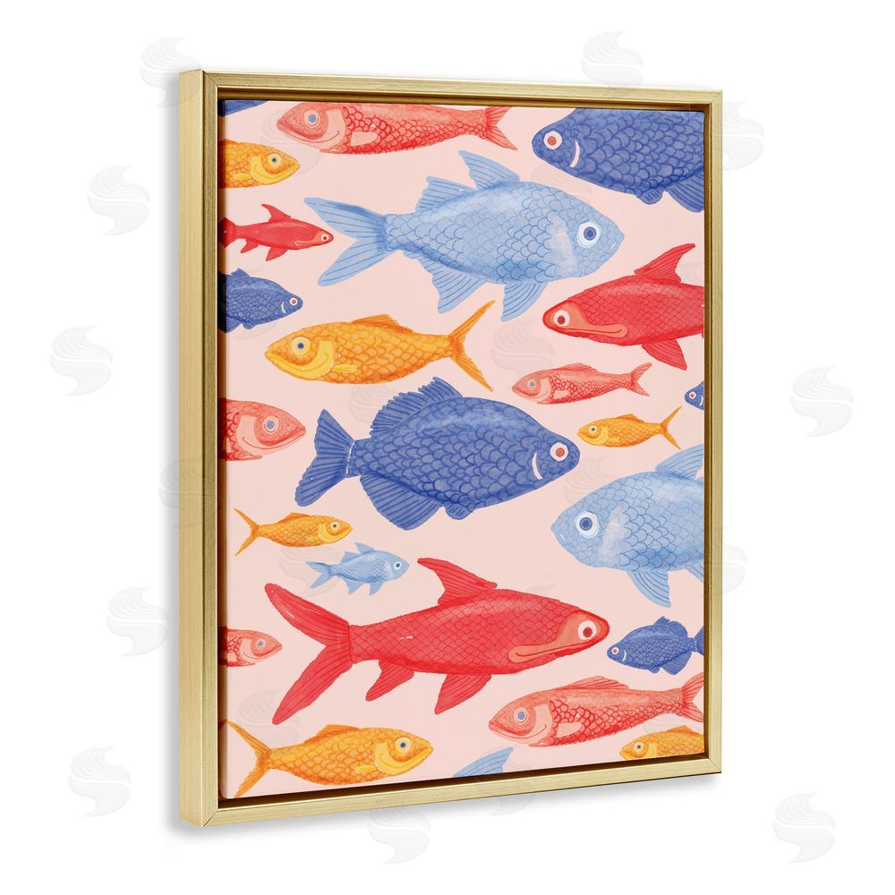 The Paper Curator Red Yellow and Blue Fish Gold Floating Framed Canvas Wall Art