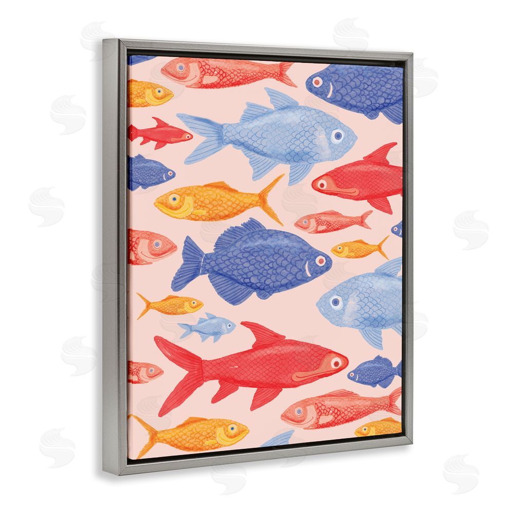 The Paper Curator Red Yellow and Blue Fish Gray Floating Framed Canvas Wall Art