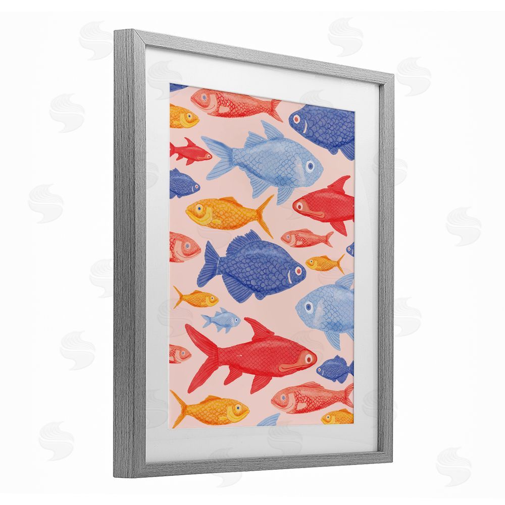 The Paper Curator Red Yellow and Blue Fish Gray Framed Print Under Glass Wall Art
