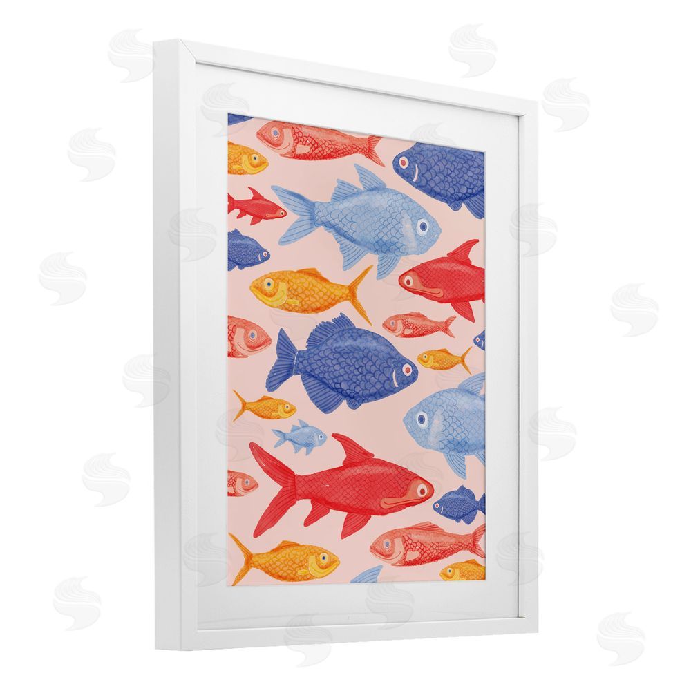 The Paper Curator Red Yellow and Blue Fish White Framed Print Under Glass Wall Art