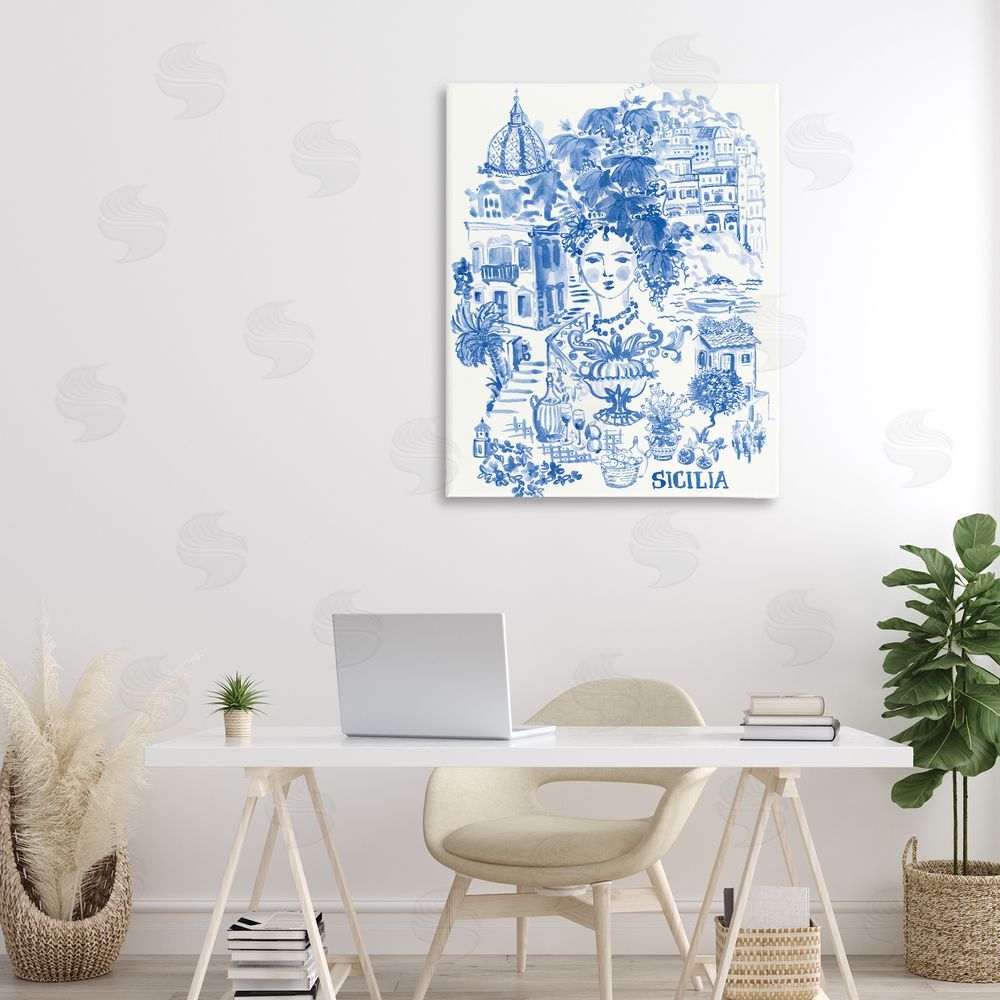 Karolina Sato Sicilia City In Blue Stretched Canvas on Wall