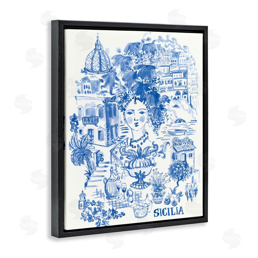 Karolina Sato Sicilia City In Blue Black Floating Framed Canvas Wall Art Print